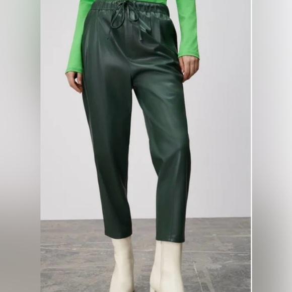 Zara Size Green Faux Leather The Weekend Pants, size small, NWOT, drawstring - Picture 1 of 8